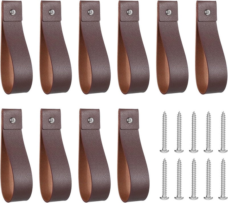 Eldraqth 10 Pcs Wall Hooks Leather Wall Hanging Straps PU Leather Straps for Hanging Hooks 1 x 4.7 Inches Curtain Rod Holder with Screws Boho Style Decor for Towel, Bathroom, Kitchen, Bedroom (Brown) - Image 1